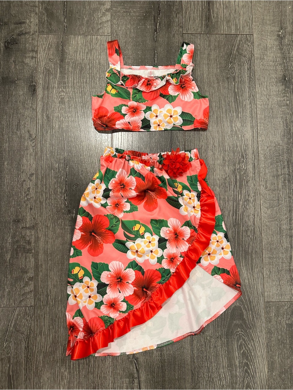 Girls Hawaiian Luau Floral Two-Piece Skirt Set